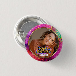Modern Colorful Glitter Photo Name Birthday Button