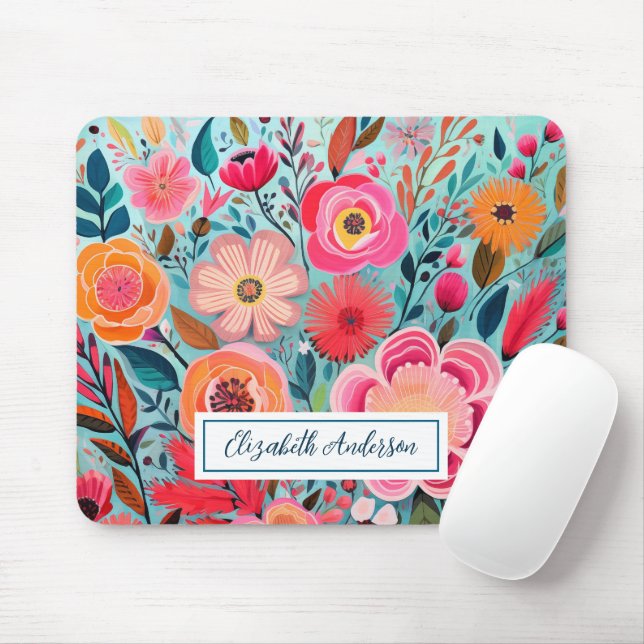 Modern Colorful Pink Flowers Monogram Mousepad (Mit Mouse)