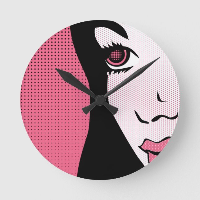 Modern Comic Book Pop Art of Woman's Face Runde Wanduhr (Vorderseite)