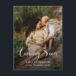 Modern Coming Soon Baby Photo Pregnancy  Ankündigungspostkarte<br><div class="desc">Announce your little one’s arrival in style with this modern Coming Soon baby announcement postcard. Featuring space for a cherished ultrasound or maternity photo,  sleek typography,  and a clean,  elegant layout,  it’s the perfect way to share your joyful news with loved ones. Ideal for mailing to family and friends.</div>