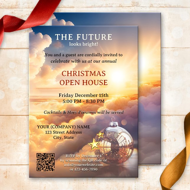 Modern Company Christmas Open House Einladung (Modern Christmas party or open house invitation featuring a sunrise and elegant Christmas ball)
