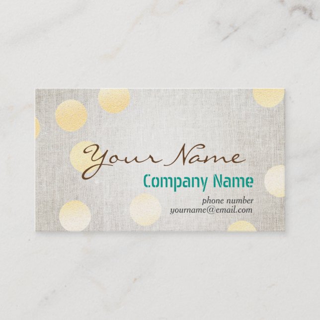 Modern Confetti Gold Polka Dot Circle Linen Textur Visitenkarte (Vorderseite)