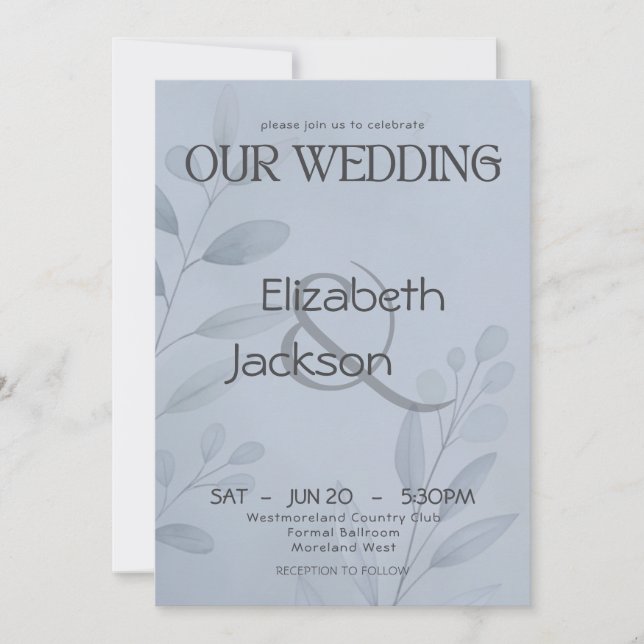 Modern Cool Blue Botanical Typography Wedding   Einladung (Vorderseite)