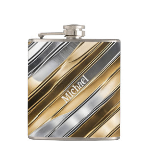Modern, cool, chic, silbernes und goldenes Streife Flachmann