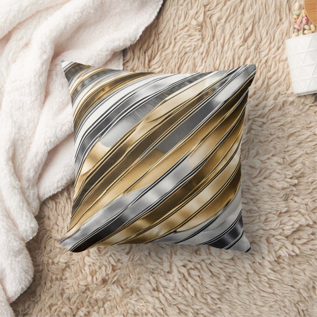 Modern, cool, chic, silbernes und goldenes Streife Kissen (Decke)