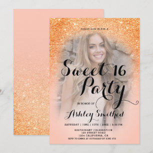Modern Coral Glitzer ombre Foto Sweet 16 Einladung