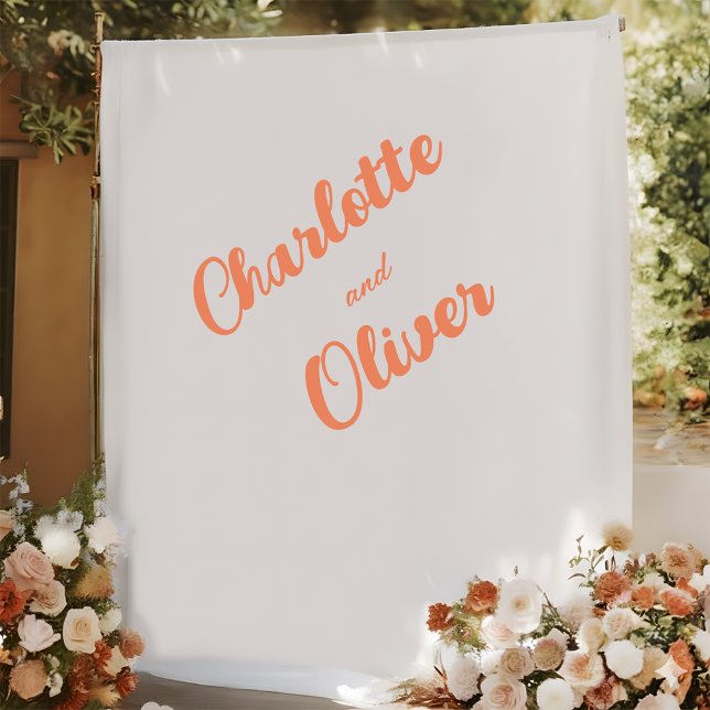 Modern Coral Orange Couple Names Wedding Backdrop Wandteppich (Von Creator hochgeladen)