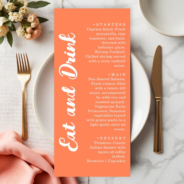 Modern Coral Orange Eat and Drink Wedding Menükarte (Von Creator hochgeladen)