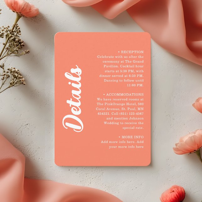 Modern Coral Pink Groovy Script Wedding Details Begleitkarte (Von Creator hochgeladen)