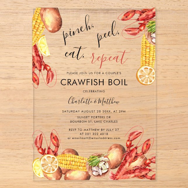 Modern Couple Verlobung Crawfish Booking Acryleinladungen (Vorderseite)