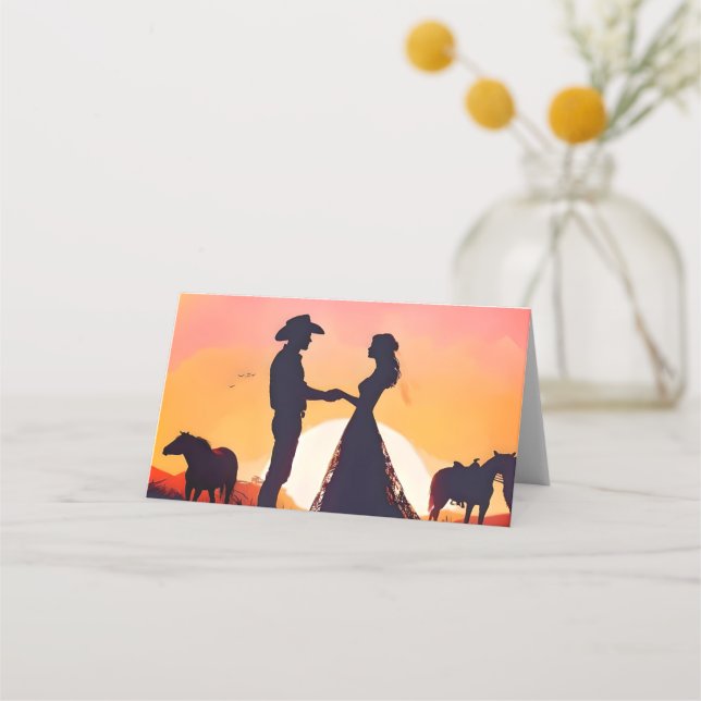 Modern Cowboy  and Bride Western Style Wedding  Platzkarte (Rückseite)