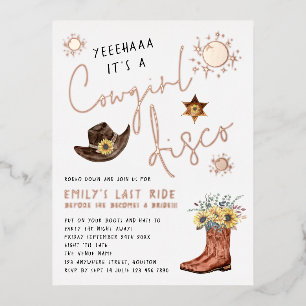 Modern Cowgirl Disco Junggeselinnen-Abschied Real Folie Einladungspostkarte