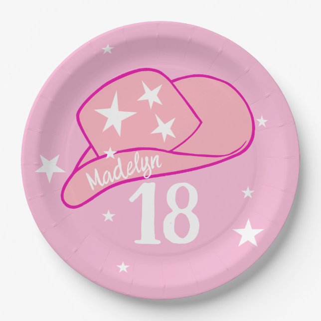Modern Cowgirl Western Hat Pink Girl 18. Geburtsta Pappteller (Vorderseite)