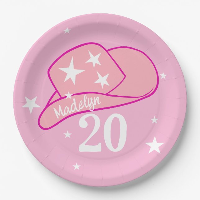 Modern Cowgirl Western Hat Pink Girl 20. Geburtsta Pappteller (Vorderseite)