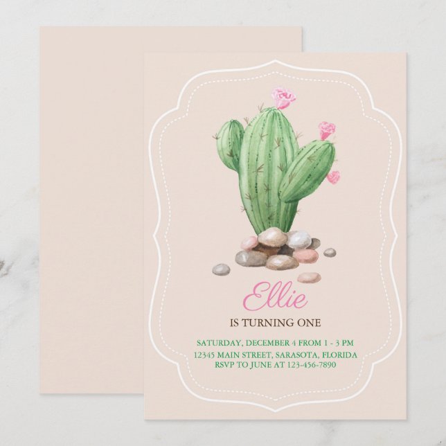 Modern Cream Beige Cactus Birthday Party Einladung (Vorne/Hinten)