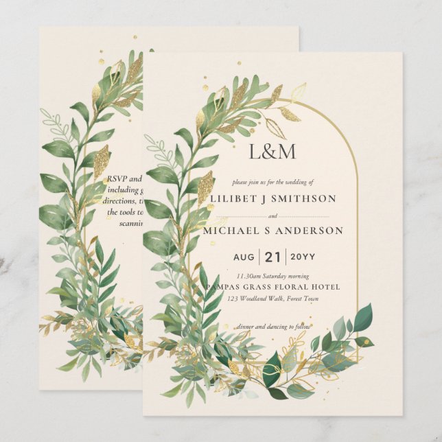 Modern Cream Gold Greenery Botanische Hochzeit Einladung (Vorne/Hinten)