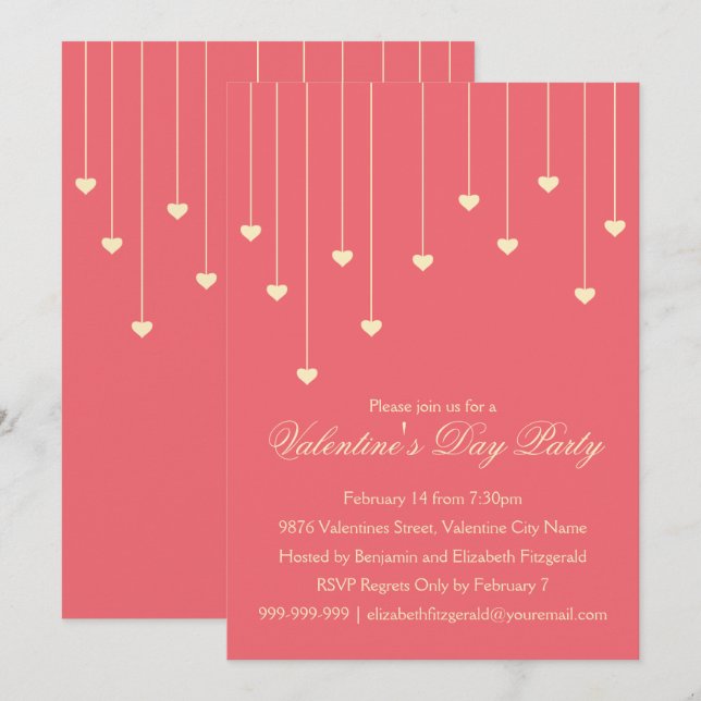 Modern Cream Hearts on Coral Red Valentines Party Einladung (Vorne/Hinten)