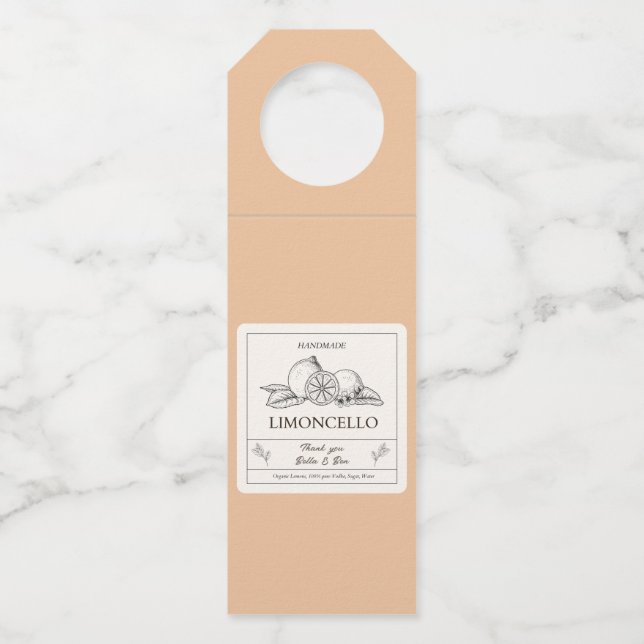 Modern Cream Peach Lemon Wedding Limoncello Flaschenanhänger (Vorderseite)