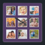 Modern Create Your Custom Photo Collage Quadratische Wanduhr<br><div class="desc">Create your own personalized 9 photo Instagram photo collage wall clock with your custom images on modern eggplant purple background. Add your favorite photos, designs or artworks to create something really unique. To edit this design template, simply upload your own image as shown above. Treat yourself or make the perfect...</div>