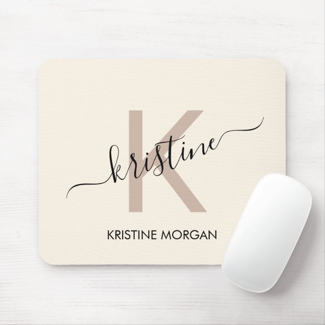 Modern Creme-Beige-Script-Monogramm-Name Mousepad (Mit Mouse)