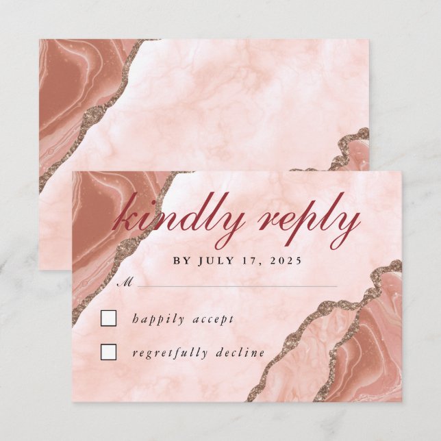 Modern Creme Blush Agate Soft Pink Glitzer Gold RSVP Karte (Vorne/Hinten)