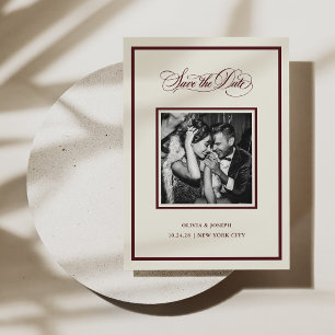 Modern Creme und Burgund Kalligrafie und Foto Save The Date
