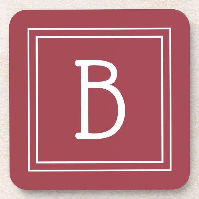 Modern Crimson Red & White Mit Monogramm Initial Getränkeuntersetzer (Vorderseite)