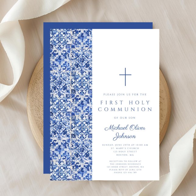 Modern Cross Blue Tiles Boy First Communation Einladung (Modern Cross Blue Tiles Boy First Communion Invitation)