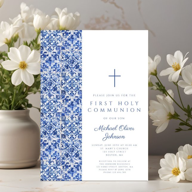 Modern Cross Blue Tiles Boy First Communation Einladung (Modern Cross Blue Tiles Boy First Communion Invitation)