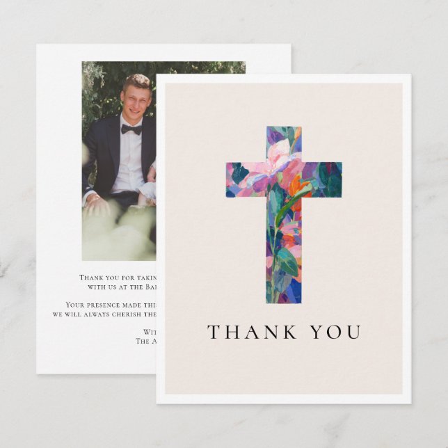 Modern Cross Floral Blush Pink Baptism Photo Dankeskarte (Vorne/Hinten)
