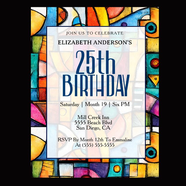 Modern Cubist 25. Geburtstag Einladung (Modern colorful abstract 25th birthday invitation for elegant milestone celebration
)