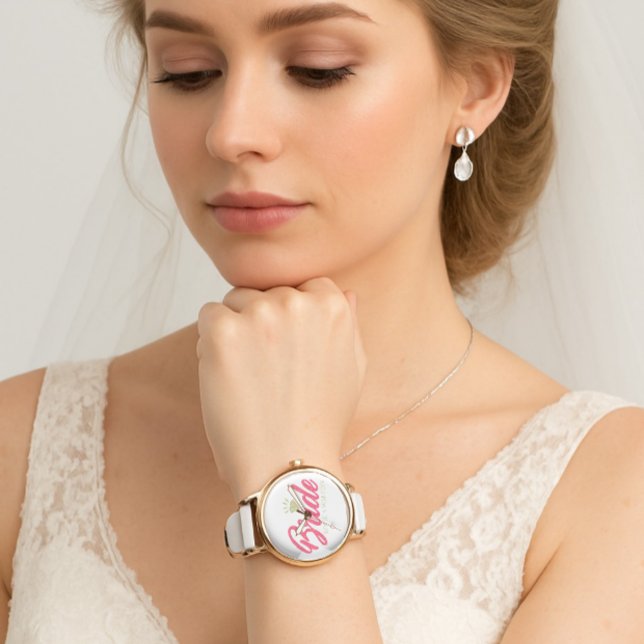 Modern Custom Bride Name Pink Glittery Diamond  Armbanduhr (Modern elegant wedding bride watch)