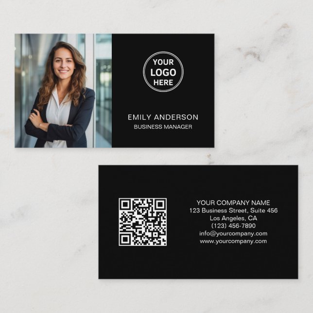 Modern Custom Logo Foto QR Black Business Card Visitenkarte (Vorne/Hinten)