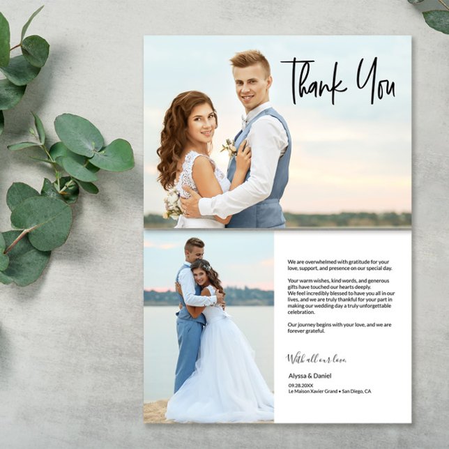 Modern Custom message 2 wedding Fotos Dankeskarte (Wedding Photo on front and back Modern Thank you card with customizable message, names and date.)