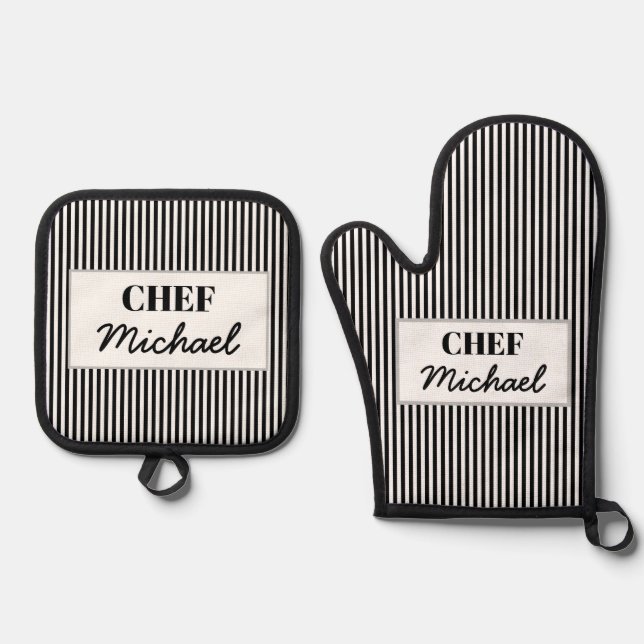 Modern Custom Personalized Chef Black Striped  Ofenhandschuh & Topflappen-Set (Vorderseite)
