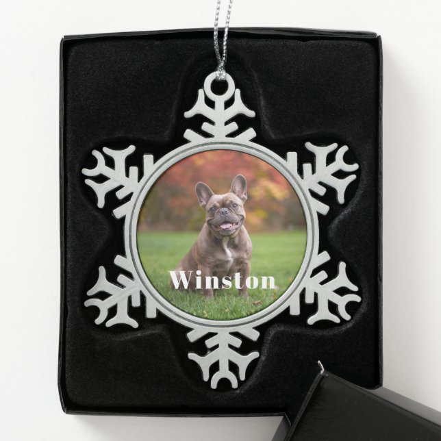 Modern Custom Pet Name Photo Holiday Schneeflocken Zinn-Ornament (Box)