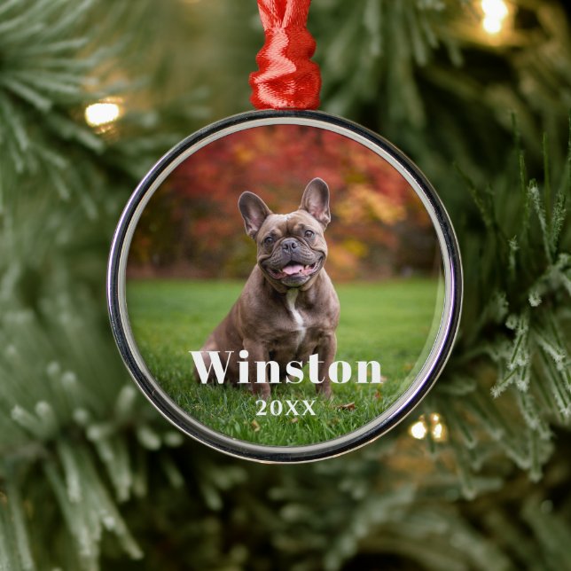 Modern Custom Pet Name Year Photo Holiday Ornament Aus Metall (Baum)