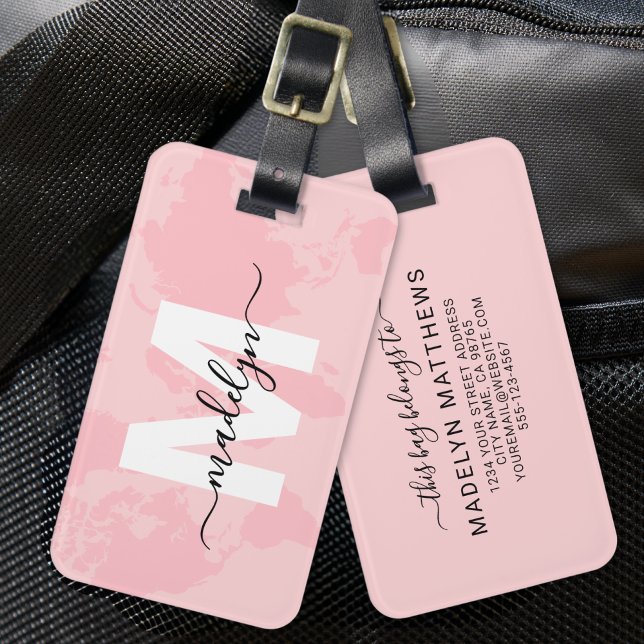 Modern Custom Pink Map Monogram Name Gepäckanhänger (Modern Custom Pink Map Monogram Name Luggage Tag )