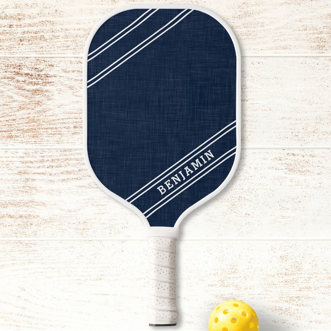 Modern Custom Player Name White Stripes Dark Blue Pickleball Schläger (Von Creator hochgeladen)