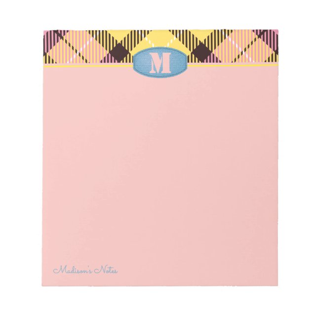 Modern Custom Script Monogram Tartan Jeans Pink Notizblock (Vorderseite)