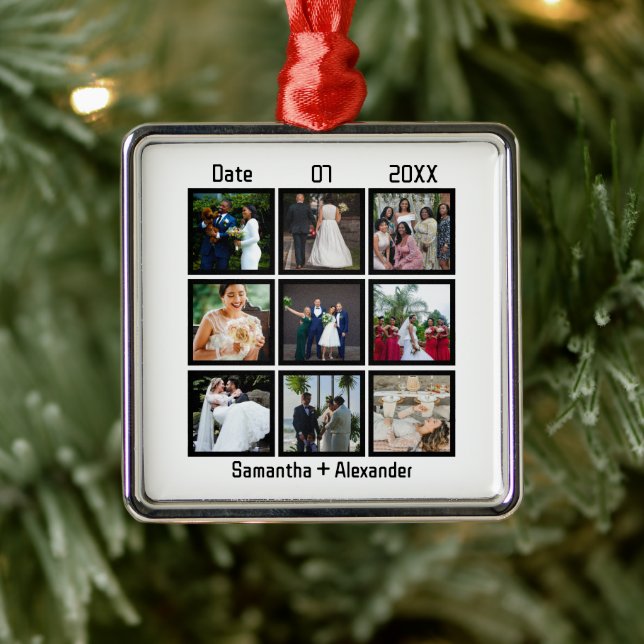 Modern Custom Wedding Anniversary 9 Photo Collage Ornament Aus Metall (Baum)
