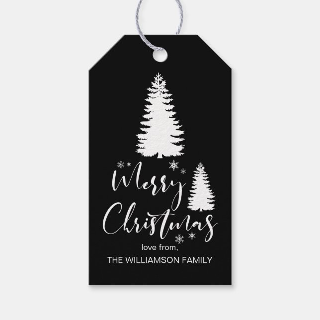 Modern Custom White Black Tree Frohe Weihnachten Geschenkanhänger (Vorderseite)