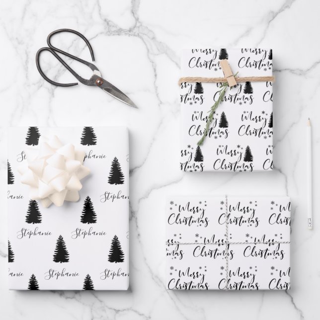 Modern Custom White Black Tree Frohe Weihnachten Geschenkpapier Set (Vorderseite)