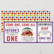 Modern Cute Circus Carnival 1st Birthday Ticket