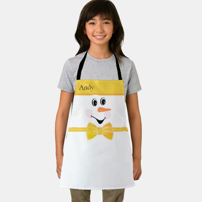 Modern Cute Custom Snowman face Yellow Gold Bow  Schürze (Insitu)