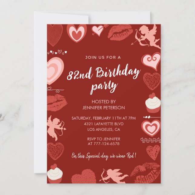 Modern Cute Hearts Red 82e anniversaire invitation (Devant)
