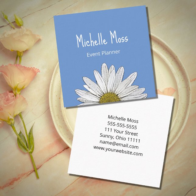 Modern Daisy Simple Botanical Simple Blue Quadratische Visitenkarte (Von Creator hochgeladen)