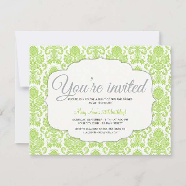 Modern Damask Green Party Einladung (Vorderseite)
