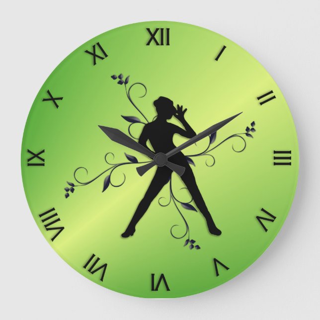 Modern Dance Green w Black Numerals Große Wanduhr (Vorderseite)