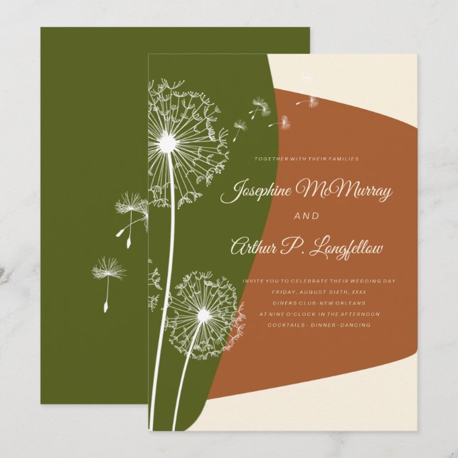 Modern Dandelion Wedding Einladung (Vorne/Hinten)